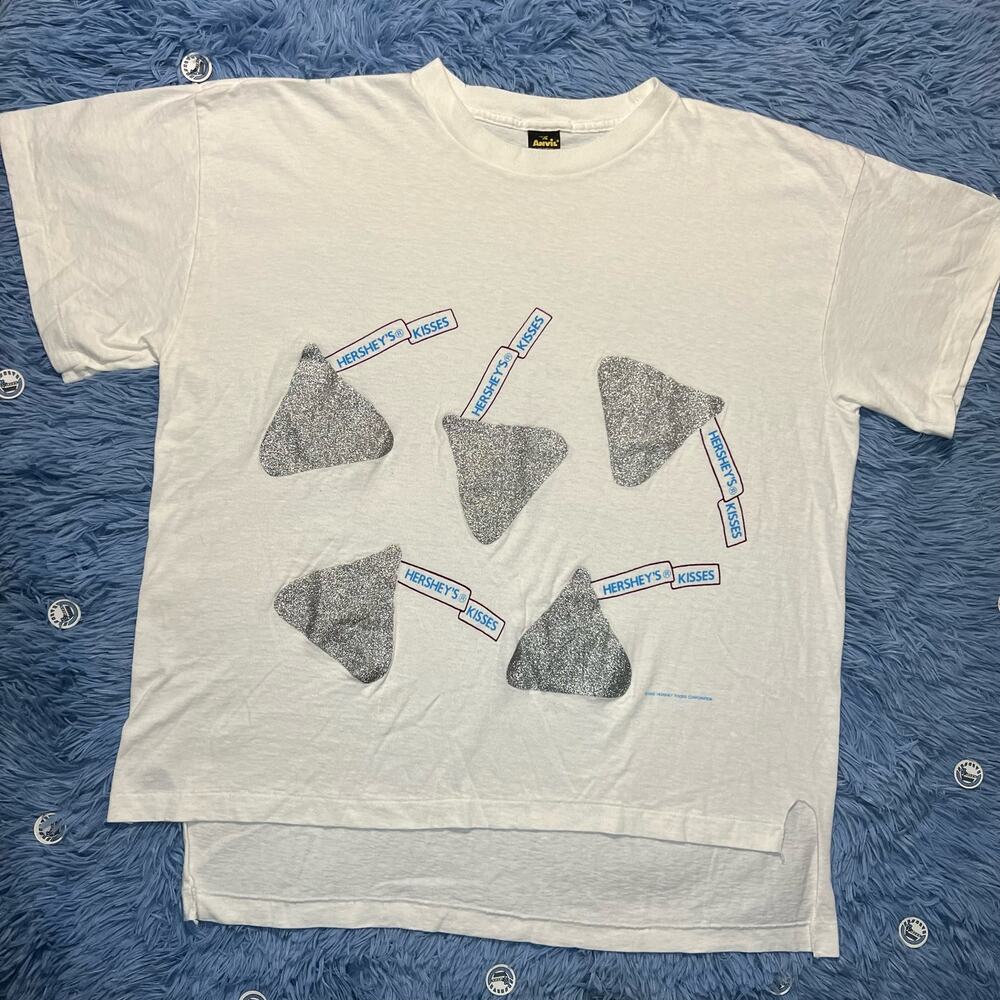 VINTAGE 80s Anvil Hersheys Kisses Candy  Sparkly White Silver T Shirt One Size